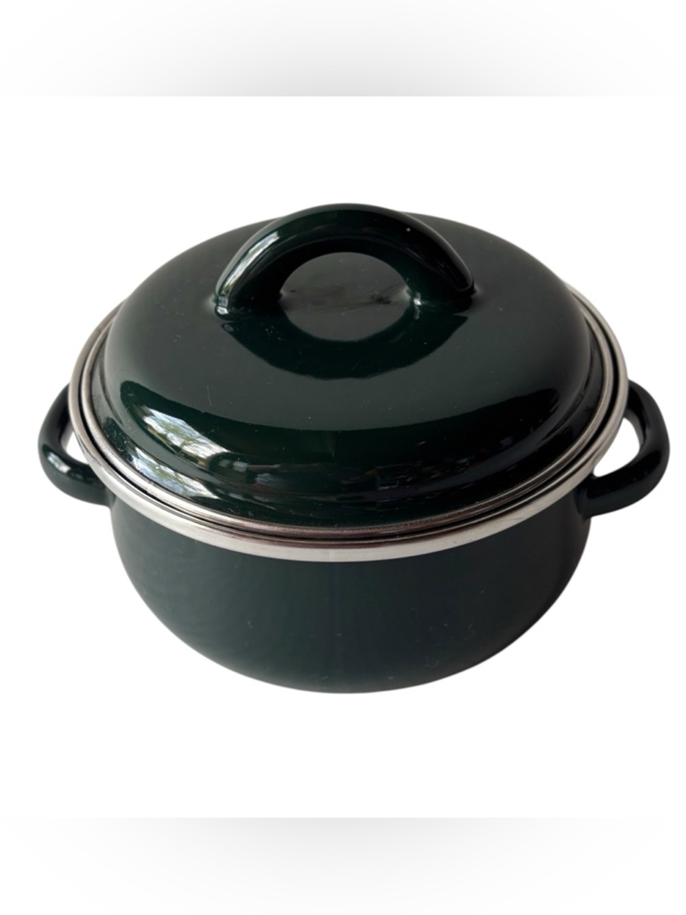 VTG .05 Qt. Megaware Spain Forest Green Enamelware Mini Cocotte Lidded Pot EUC